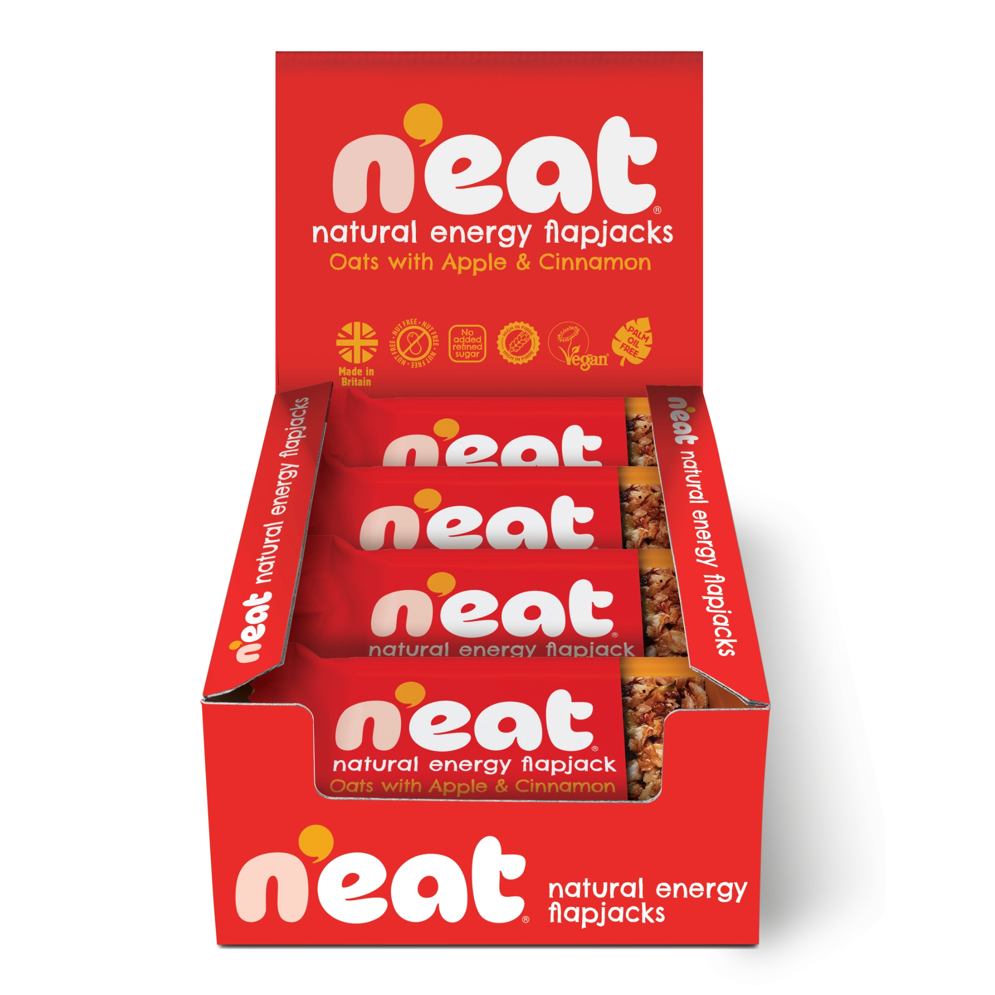 A display box of N'eat Natural Energy Flapjacks, Oats with Apple & Cinnamon, containing individually wrapped flapjacks
