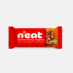A single N'eat Natural Energy Flapjack bar in its packaging, featuring a red wrapper with white branding and a clear window showing the oat, apple, and cinnamon mixture inside