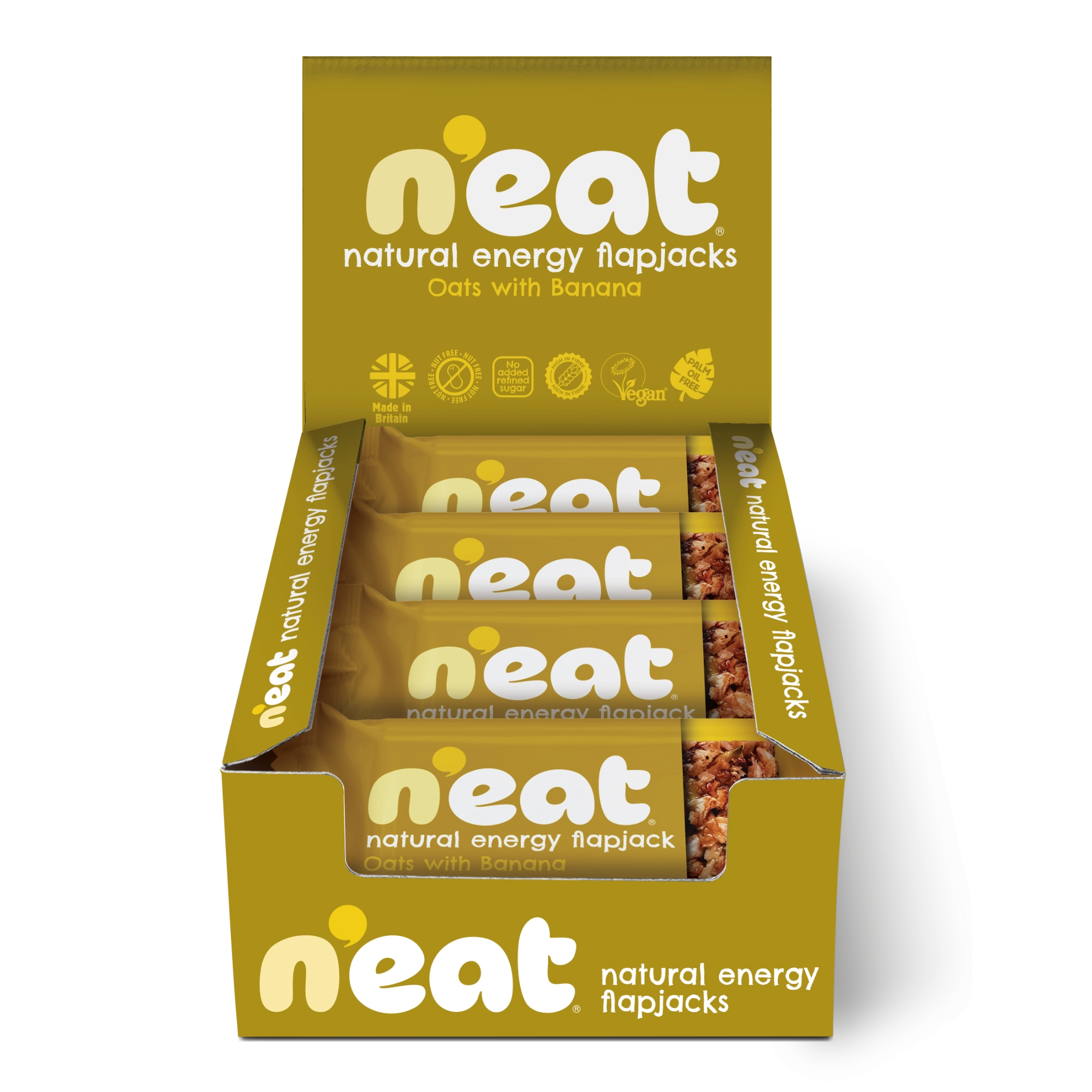A display box of N'eat Natural Energy Flapjacks, Oats with Banana flavor, containing individually wrapped flapjacks