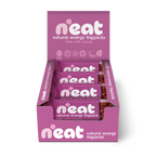 A display box of N'eat Natural Energy Flapjacks, Oats with Cocoa, containing individually wrapped flapjacks