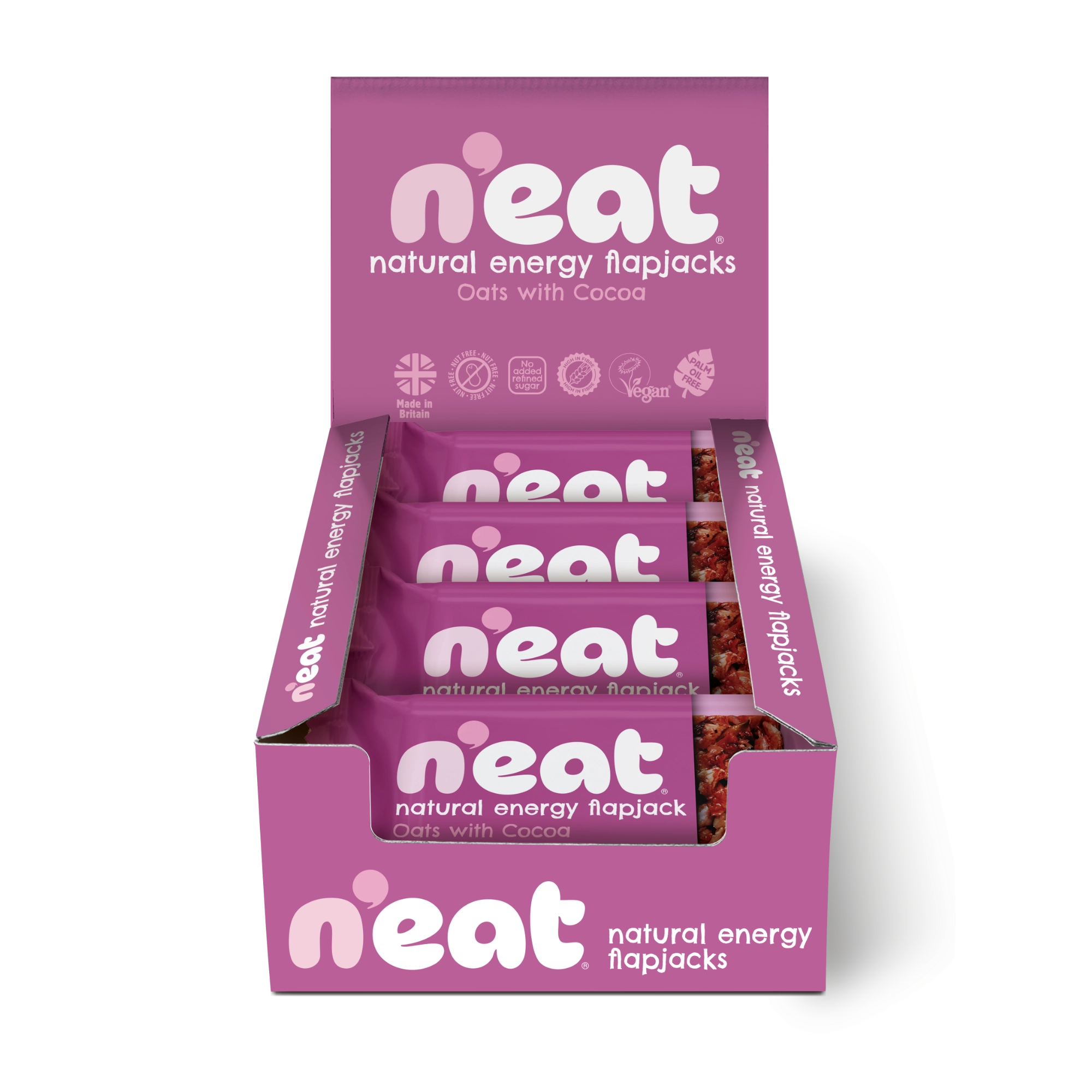 A display box of N'eat Natural Energy Flapjacks, Oats with Cocoa, containing individually wrapped flapjacks