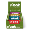 A green N'eat brand mixed rainbow box of natural energy flapjacks, showing five colourful wrapped bars inside of all 4 flapjack flavours