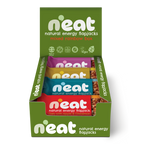 A green N'eat brand mixed rainbow box of natural energy flapjacks, showing five colourful wrapped bars inside of all 4 flapjack flavours