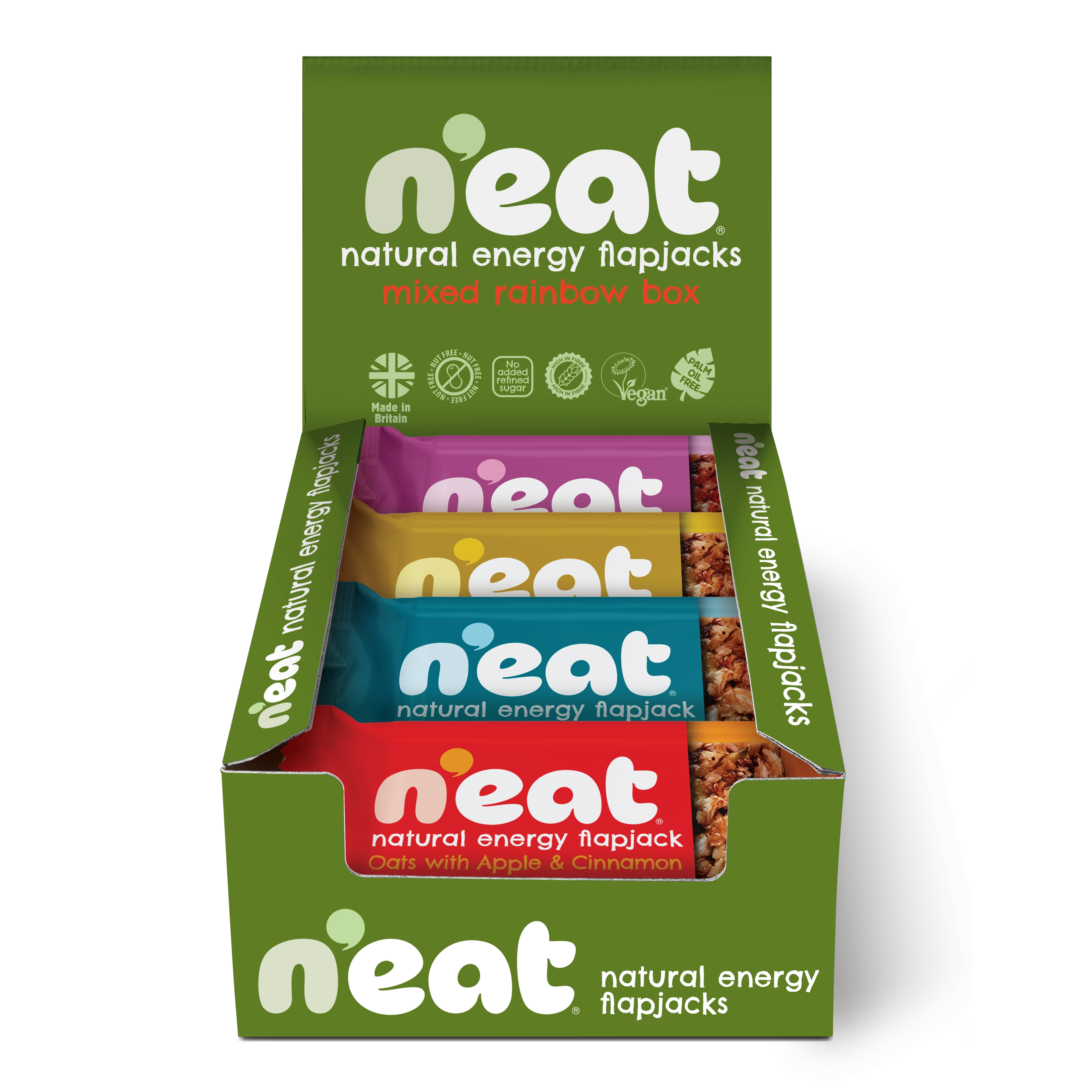 A green N'eat brand mixed rainbow box of natural energy flapjacks, showing five colourful wrapped bars inside of all 4 flapjack flavours