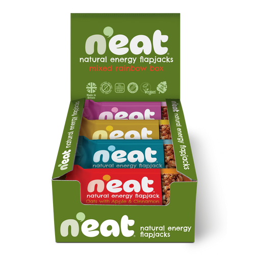A green N'eat brand mixed rainbow box of natural energy flapjacks, showing five colourful wrapped bars inside of all 4 flapjack flavours