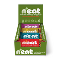 A green N'eat brand mixed rainbow box of natural energy flapjacks, showing five colourful wrapped bars inside of all 4 flapjack flavours
