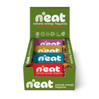 A green N'eat brand mixed rainbow box of natural energy flapjacks, showing five colourful wrapped bars inside of all 4 flapjack flavours