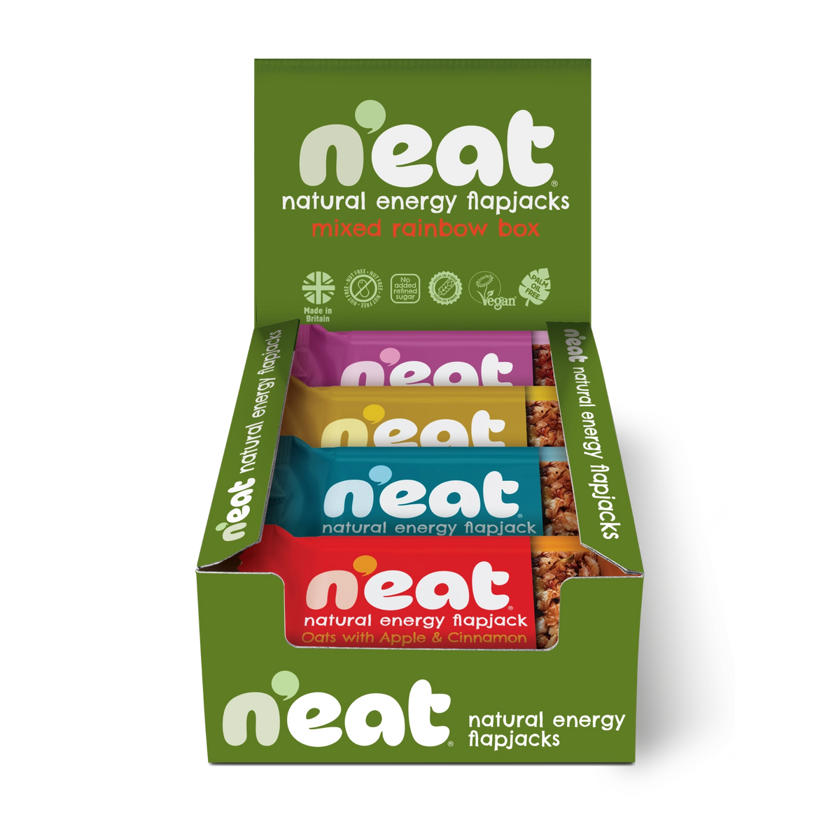 A green N'eat brand mixed rainbow box of natural energy flapjacks, showing five colourful wrapped bars inside of all 4 flapjack flavours