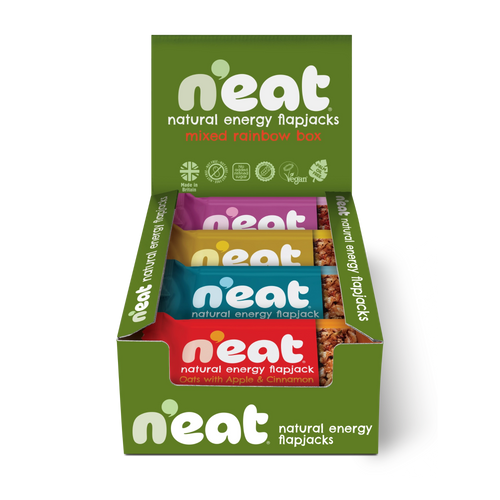 A green N'eat brand mixed rainbow box of natural energy flapjacks, showing five colourful wrapped bars inside of all 4 flapjack flavours