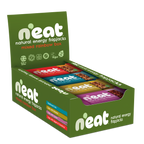 A green N'eat brand 'Natural Energy Flipjacks' mixed rainbow box display tray, showing the 4 flavours it contains
