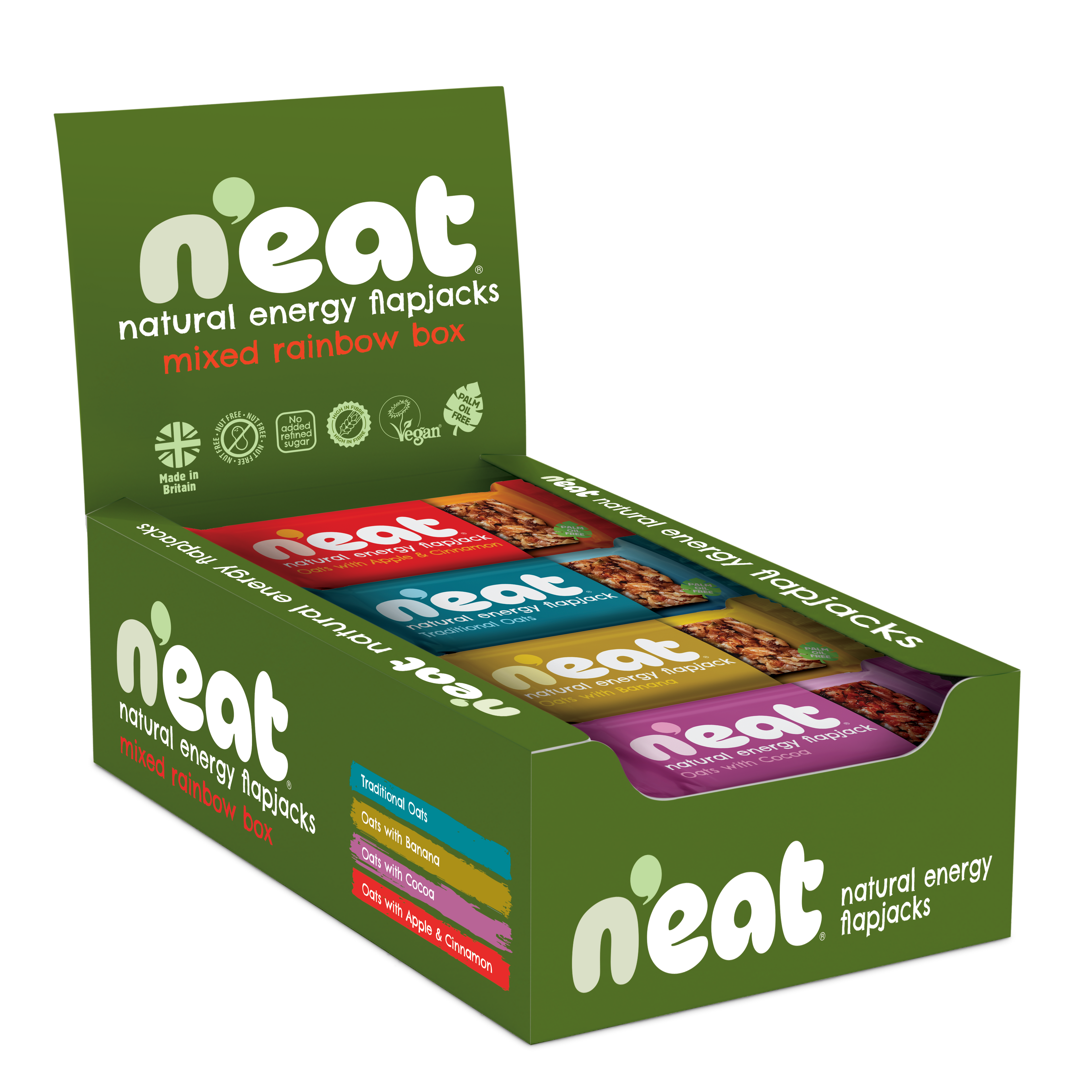 A green N'eat brand 'Natural Energy Flipjacks' mixed rainbow box display tray, showing the 4 flavours it contains