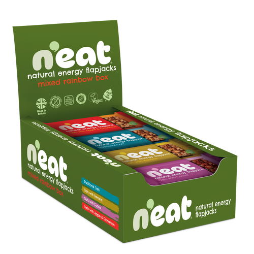 A green N'eat brand 'Natural Energy Flipjacks' mixed rainbow box display tray, showing the 4 flavours it contains