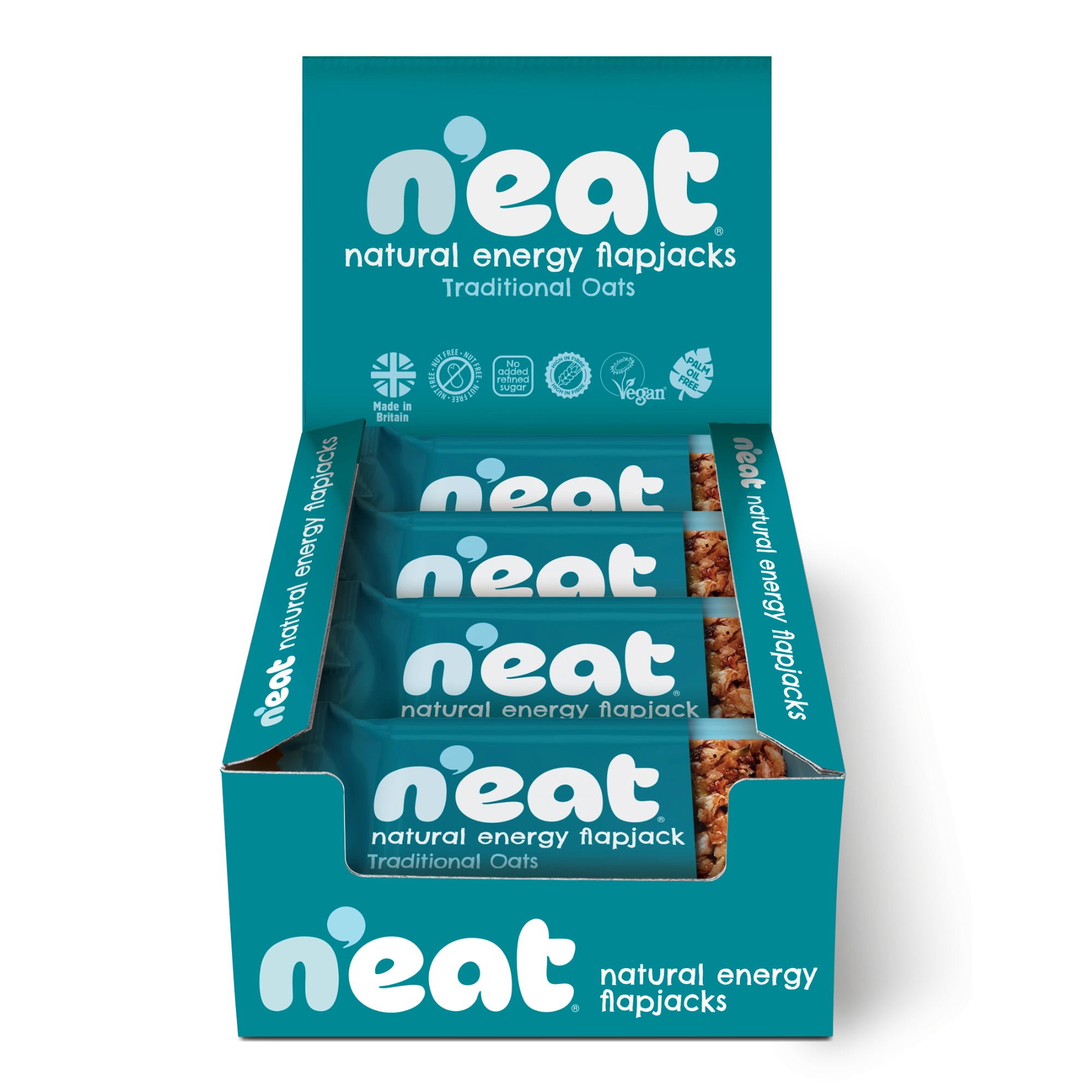 A display box of N'eat Natural Energy Flapjacks, Traditional Oats, containing individually wrapped flapjacks