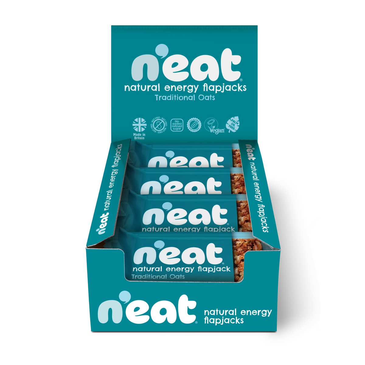A display box of N'eat Natural Energy Flapjacks, Traditional Oats, containing individually wrapped flapjacks