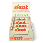 A display box of N'eat Natural Energy Fruit Bars, Apricot, Chia seeds  & Pumpking Seeds, containing individually wrapped bars