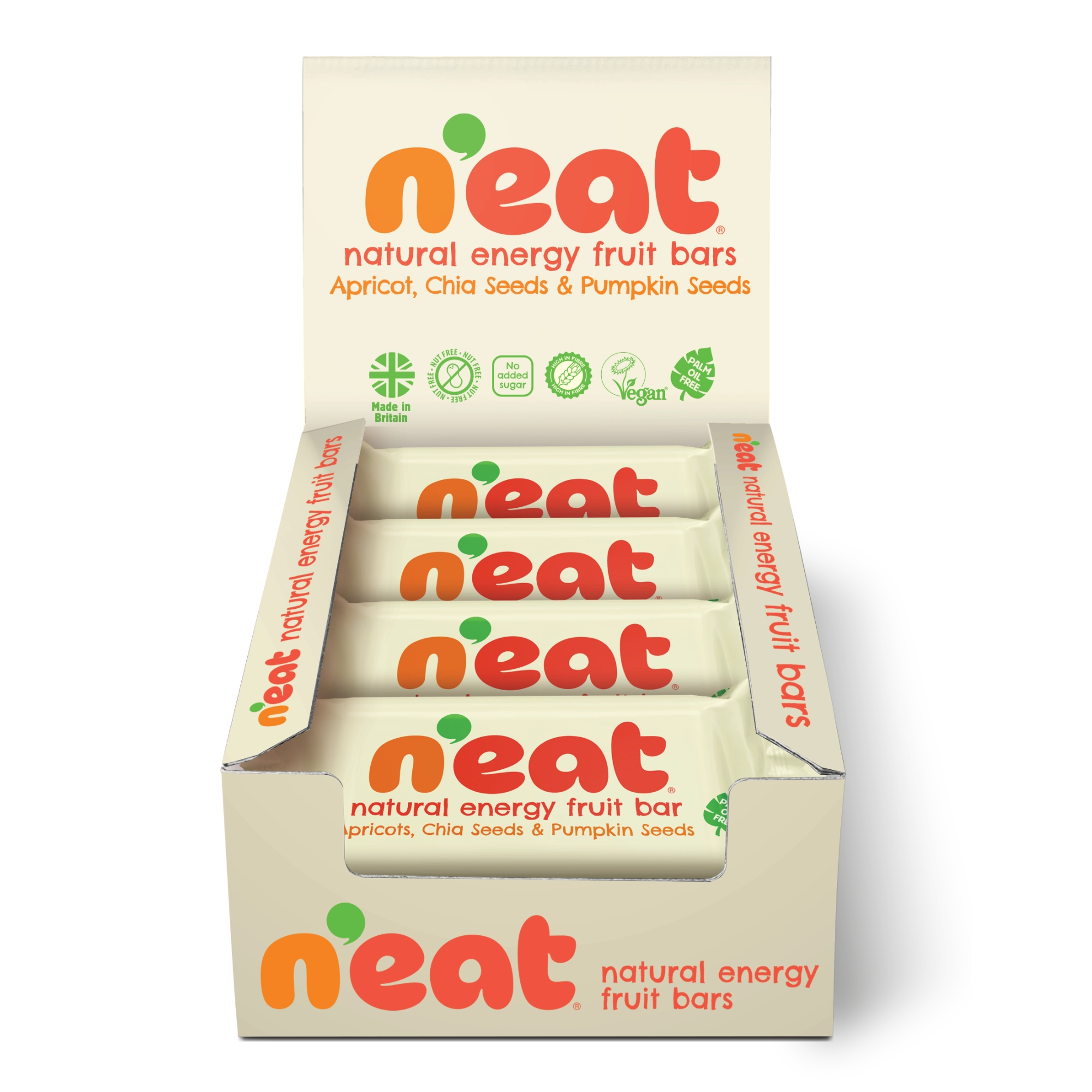 A display box of N'eat Natural Energy Fruit Bars, Apricot, Chia seeds  & Pumpking Seeds, containing individually wrapped bars