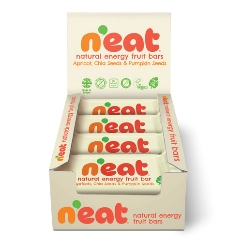 A display box of N'eat Natural Energy Fruit Bars, Apricot, Chia seeds  & Pumpking Seeds, containing individually wrapped bars