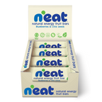 A display box of N'eat Natural Energy Fruit Bars, Blueberries & Chia seeds containing individually wrapped bars
