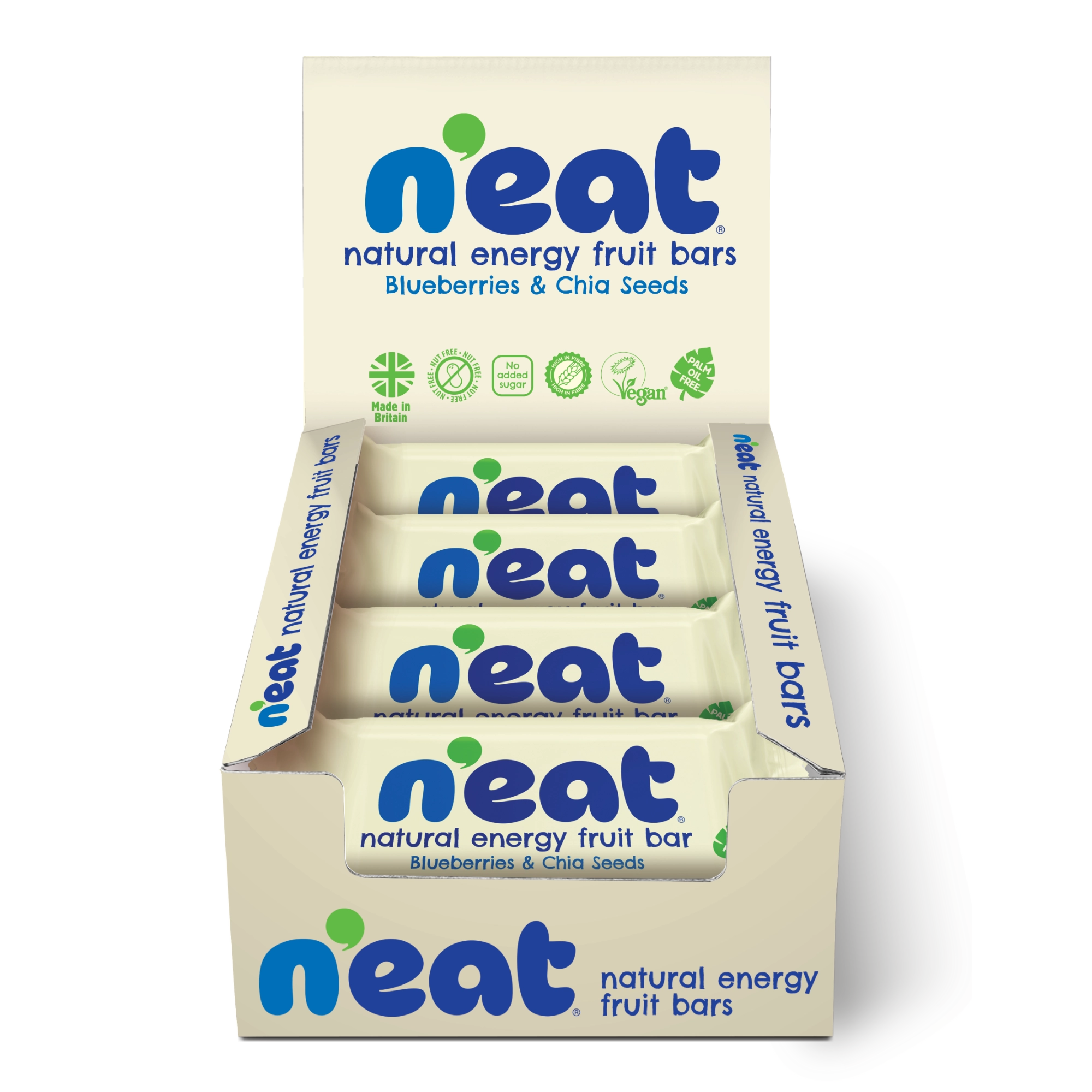 A display box of N'eat Natural Energy Fruit Bars, Blueberries & Chia seeds containing individually wrapped bars