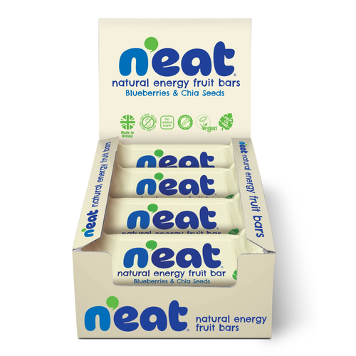 A display box of N'eat Natural Energy Fruit Bars, Blueberries & Chia seeds containing individually wrapped bars