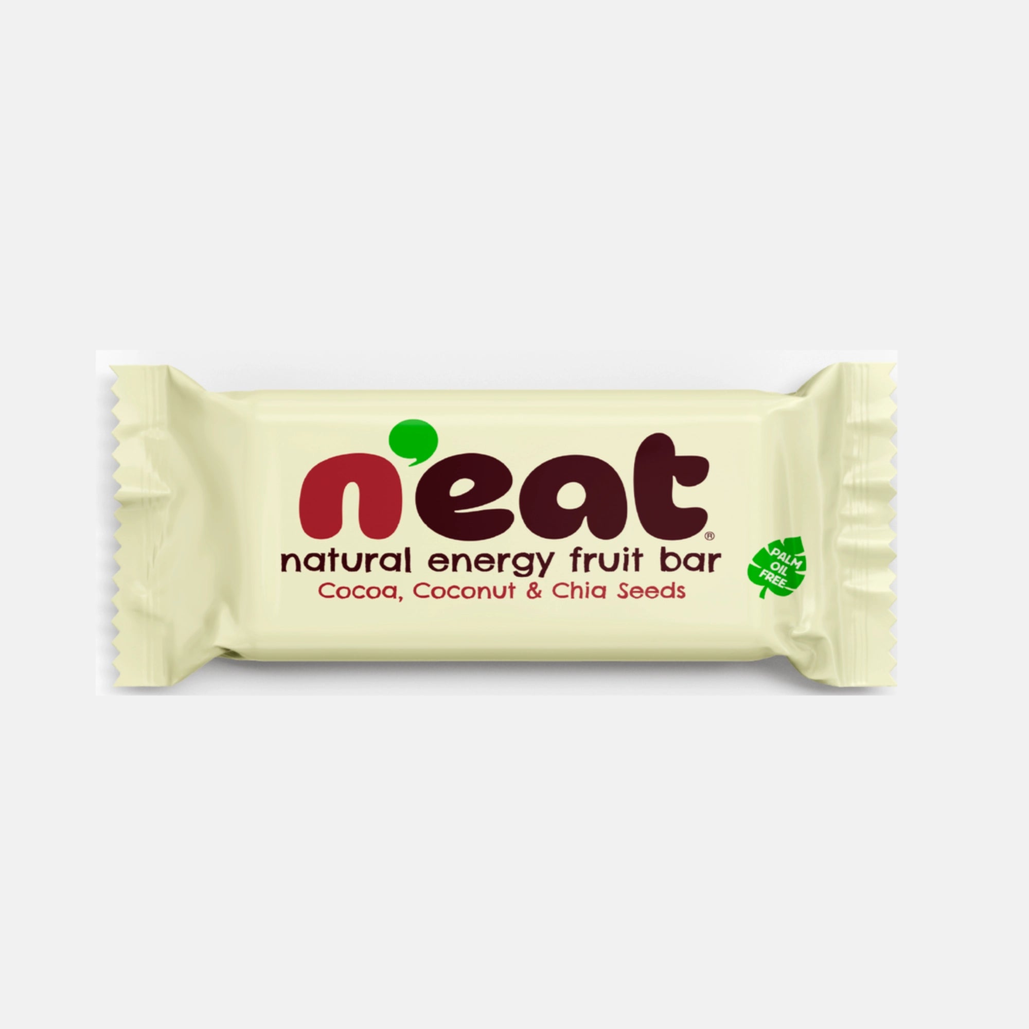 A single wrapped N'eat Natural Energy fruit bar cocoa, coconut & chia seeds