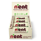 A display box of N'eat Natural Energy Fruit Bars, Cocoa, coconut & chia seeds containing individually wrapped bars