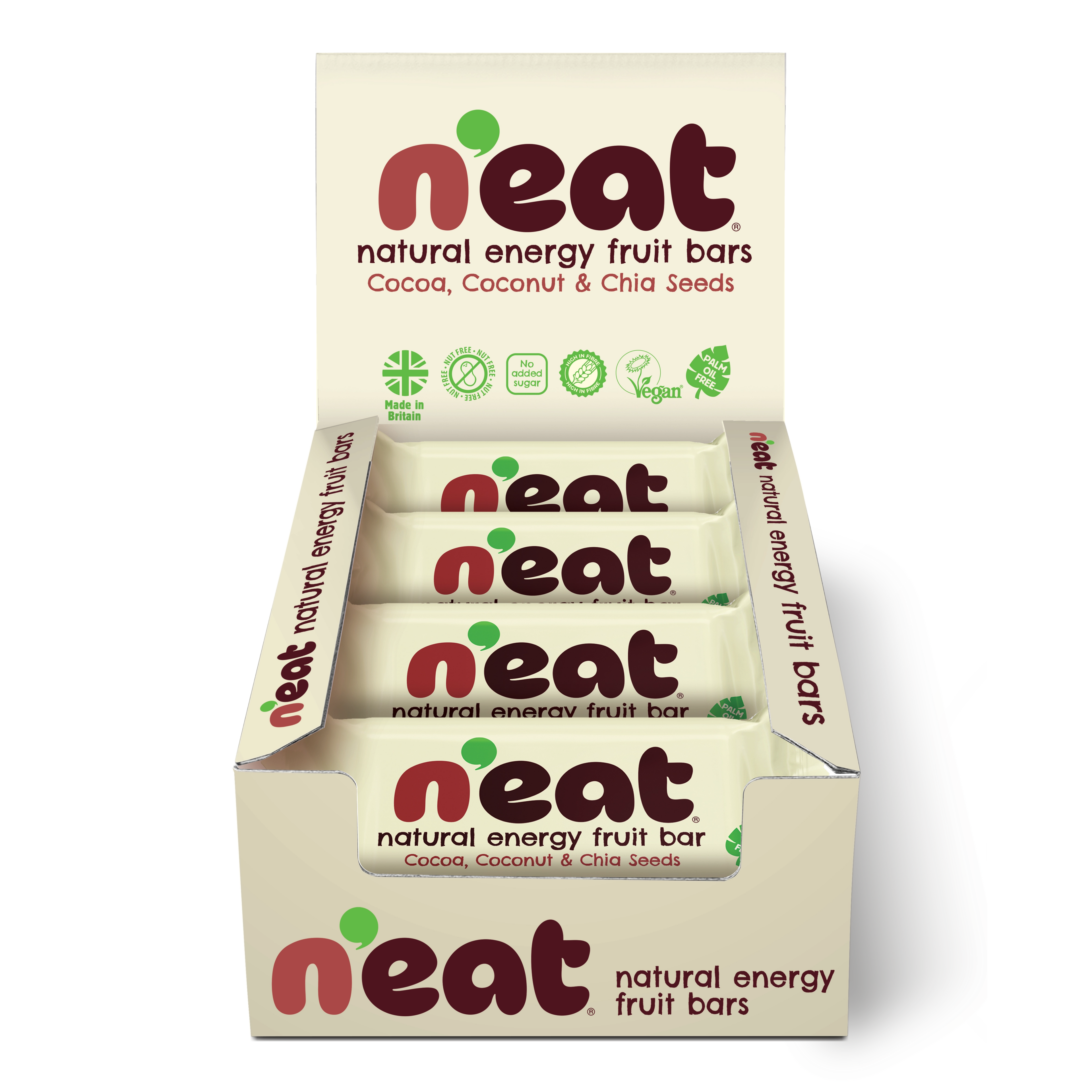 A display box of N'eat Natural Energy Fruit Bars, Cocoa, coconut & chia seeds containing individually wrapped bars