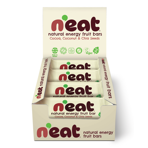 A display box of N'eat Natural Energy Fruit Bars, Cocoa, coconut & chia seeds containing individually wrapped bars