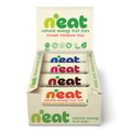 A display box of N'eat Natural Energy Fruit Bars,  containing individually wrapped bars of all 4 flavours