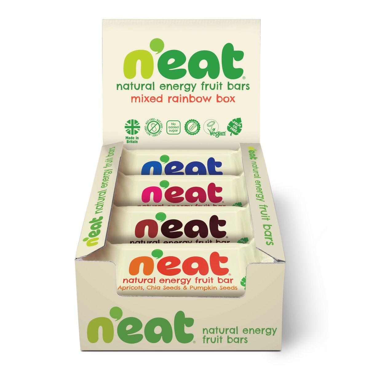 A display box of N'eat Natural Energy Fruit Bars,  containing individually wrapped bars of all 4 flavours