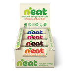 A display box of N'eat Natural Energy Fruit Bars,  containing individually wrapped bars of all 4 flavours
