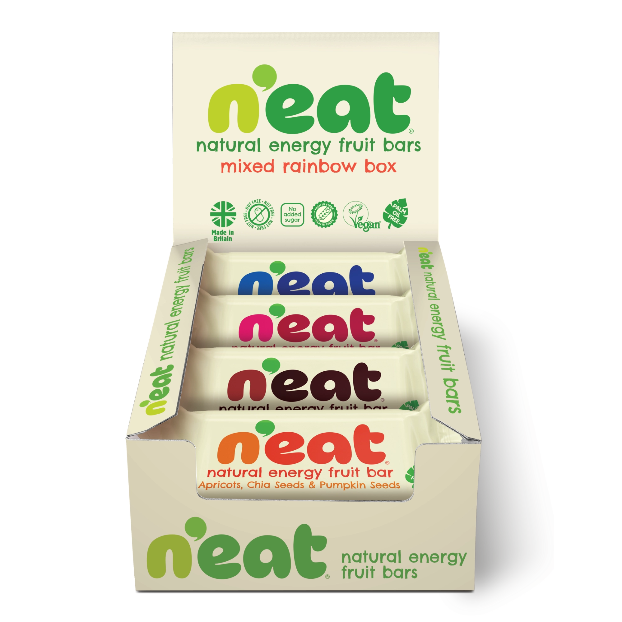 A display box of N'eat Natural Energy Fruit Bars,  containing individually wrapped bars of all 4 flavours