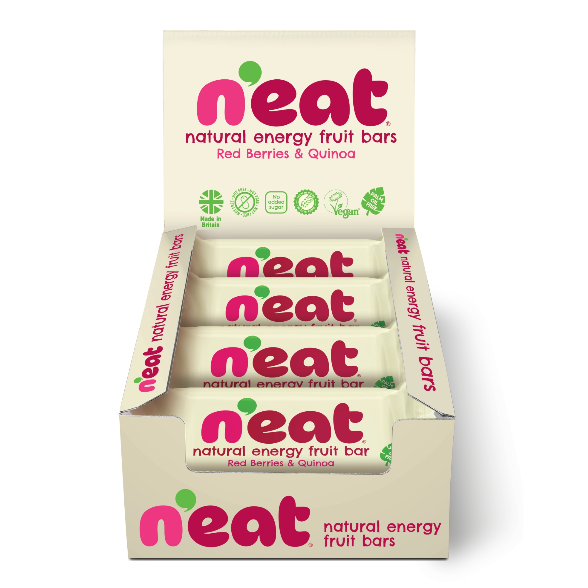 A display box of N'eat Natural Energy Fruit Bars, Red Berries & Quinoa containing individually wrapped bars