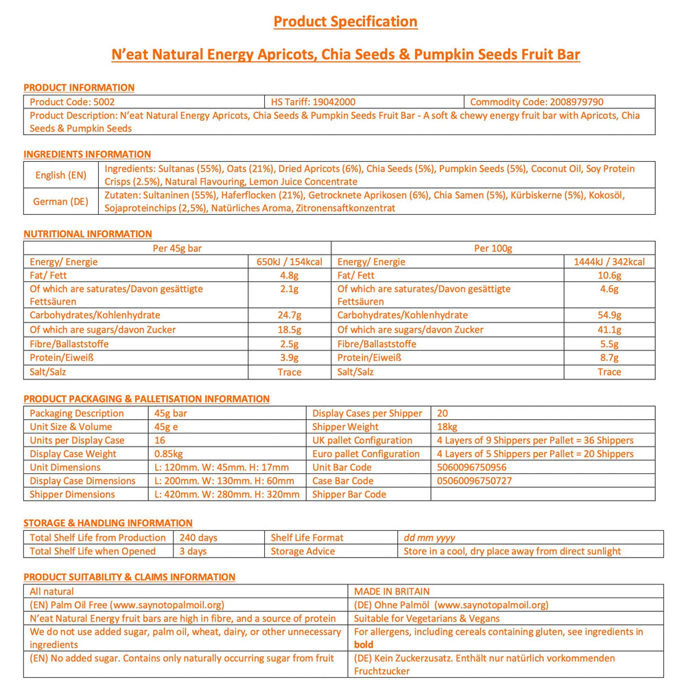 
                  
                    N'eat Apricots, Chia Seeds & Pumpkin Seeds Natural Energy Bars (16x45g)
                  
                