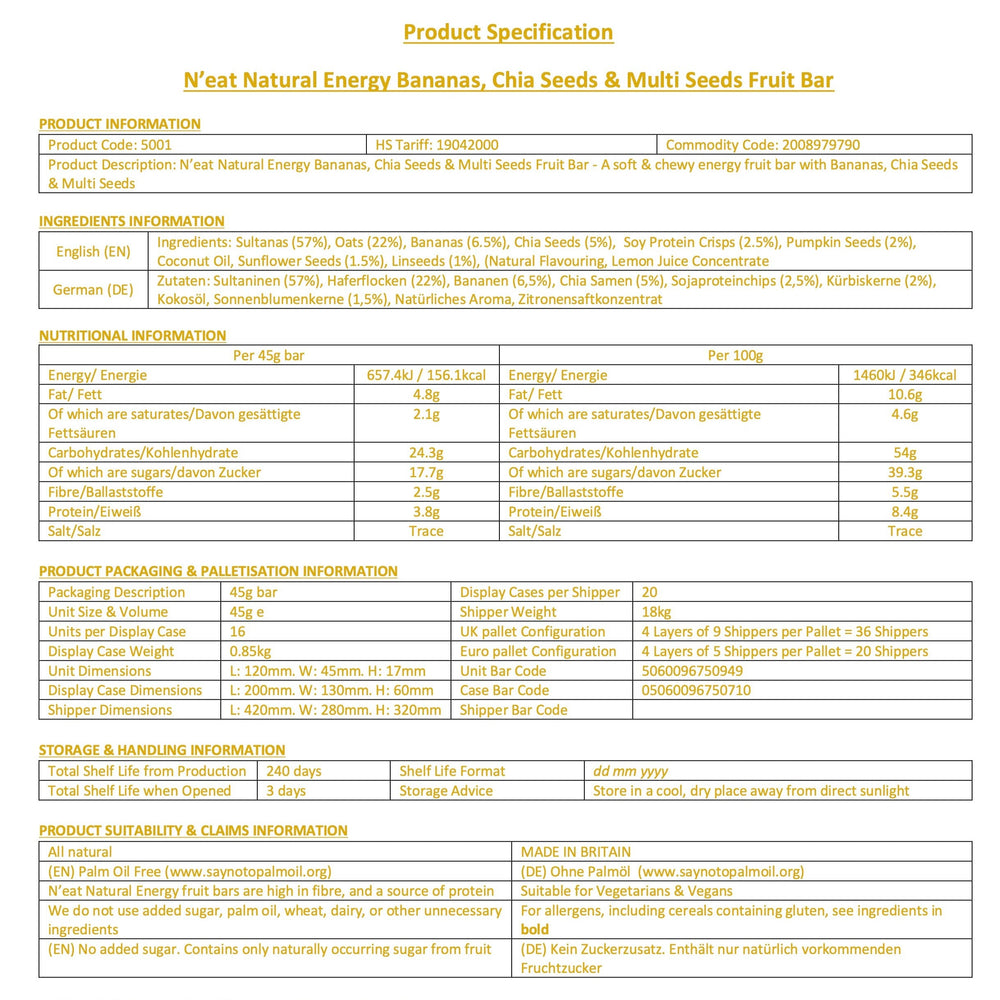 
                  
                    N'eat Bananas, Chia Seeds & Multi Seeds Natural Energy Bars (16x45g)
                  
                